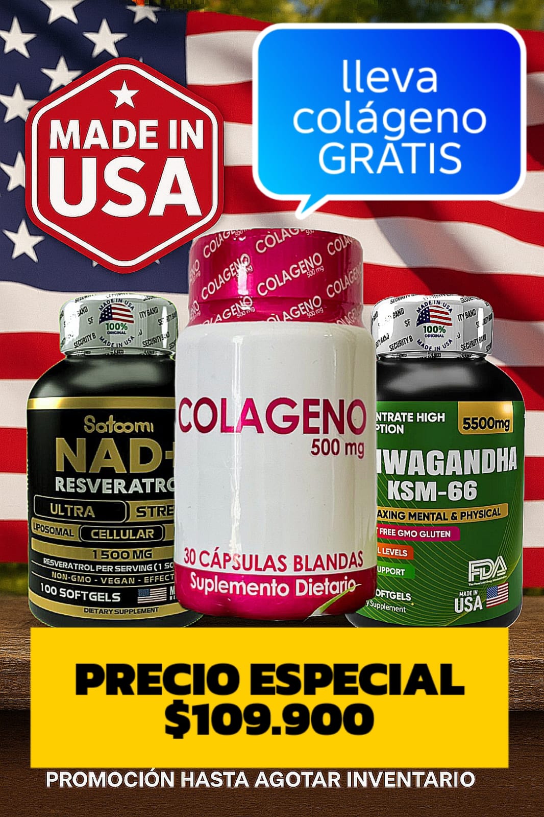 🧠 combo ritual diario nad+resveratrol + ashwagandha ksm-66 + colágeno 500 mg (GRATIS) 🛍️ ✨ potencia tu cuerpo y mente con este combo 100 % importado 🇺🇸