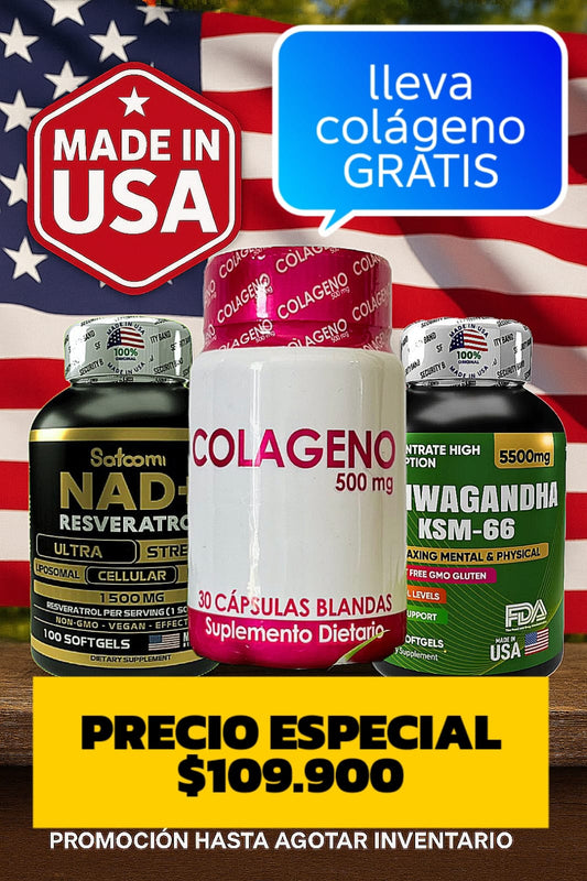 🧠 combo ritual diario nad+resveratrol + ashwagandha ksm-66 + colágeno 500 mg (GRATIS) 🛍️ ✨ potencia tu cuerpo y mente con este combo 100 % importado 🇺🇸