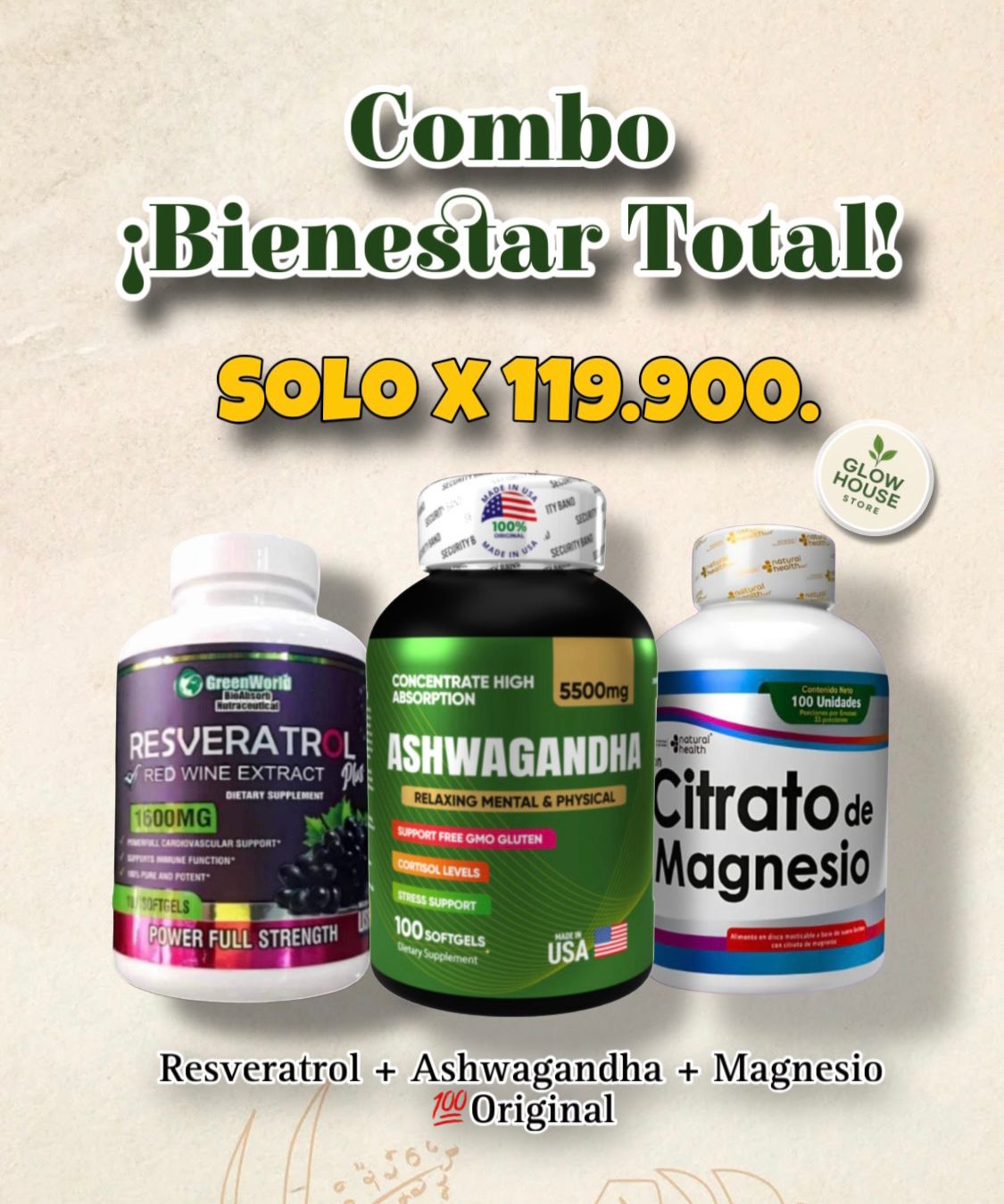 ¡Recupera tu energía y equilibra cuerpo y mente! 🧘‍♂️🌿 Combo Bienestar Total: Resveratrol + Ashwagandha KSM-66 + Magnesio 💯 Original 🇺🇸