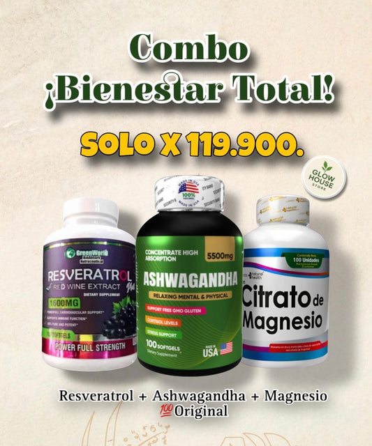¡Recupera tu energía y equilibra cuerpo y mente! 🧘‍♂️🌿 Combo Bienestar Total: Resveratrol + Ashwagandha KSM-66 + Magnesio 💯 Original 🇺🇸