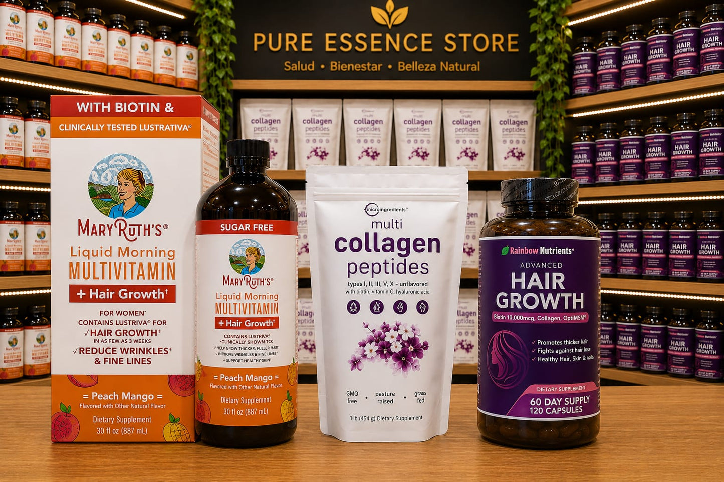 🇺🇸✨ Combo Premium MaryRuth's Hair Growth + Multi Collagen Peptides + Rainbow Nutrients Hair Growth | Tratamiento Completo para Cabello, Piel y Uñas | 100% Original Importado de Estados Unidos 🇺🇸💜